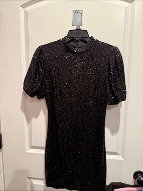 Express Black Sequin Puff-Sleeve Mini Dress